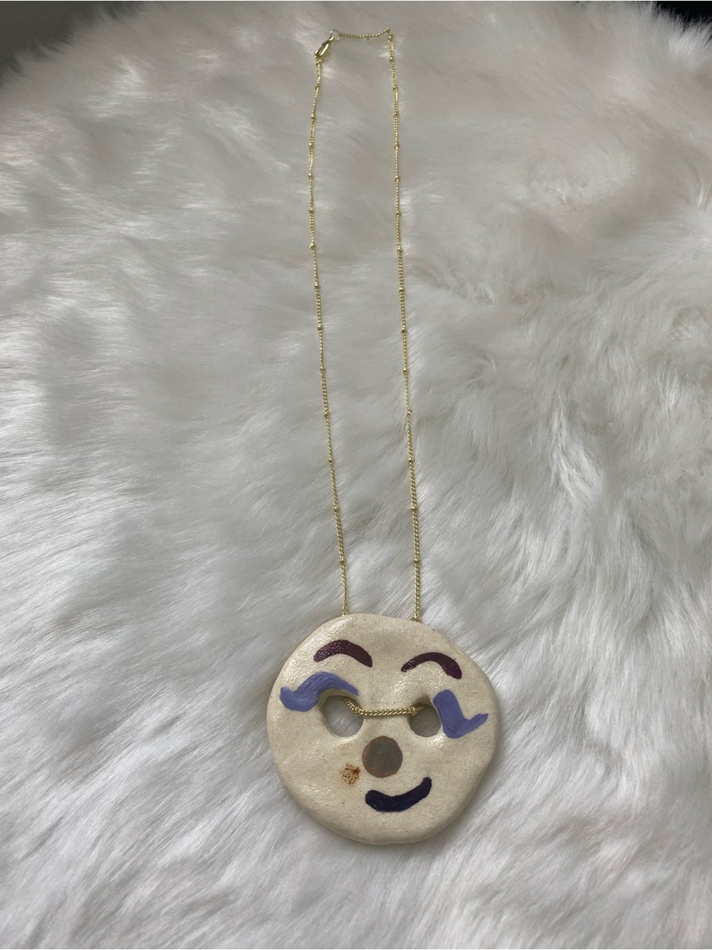 Smiley Face Ceramic Pendant Necklace - Cream and Purple